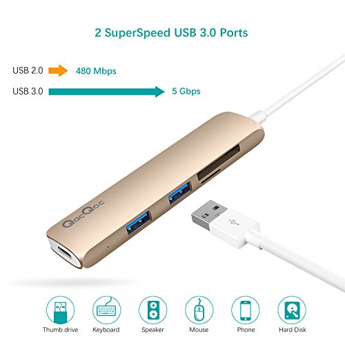 Type C Hub EgoIggo GN22A USB C Adapter USB C Kabel auf 2 Superspeed USB 3.0 Ports, 1 USB C Port mit PD, 1 SD Kartenleser und 1 MicroSD Kartenleser Aluminium Gehäuse geeignet für MacBook, MacBook Pro, Google Chromebook, Huawei Matebook (Gold) - 5
