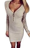 CRAVOG Women Deep V-neck Metal Zipper Knitting Bodycon Mini Sweater Dress