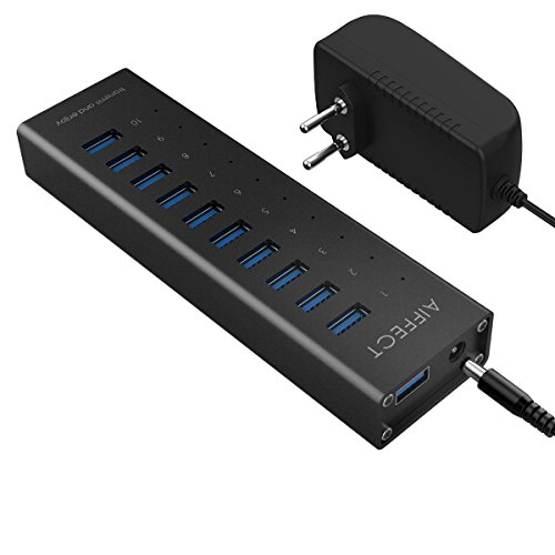 AIFFECT 10 Port USB 3.0 SuperSpeed Charging Hub with Power Adapter, BC 1.2 Charging Support - Black