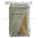 Composición: 15 % Nitrógeno (N) total. 6 % Nitrógeno (N) nítrico y 9 % Nitrógeno (N) amoniacal. // 15 % Pentóxido de fósforo (P2O5) soluble en citrato amónico neutro y en agua. 11,3 % Pentóxido de fósforo (P2O5) soluble en agua. // 15 % Óxido de potasio (K2O) soluble en agua. // 5 % Trióxido de azufre (SO3) total. 3,2 % Trióxido de azufre (SO3) soluble en agua.
