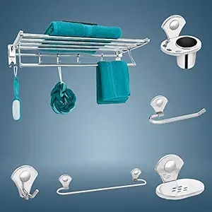 Plantex Stainless Steel PR-101 Folding Towel Rack with Royal Bathroom Accessories Set of 5pcs (Towel Rod/Napkin Ring/Tumbler Holder/Soap Dish/Robe Hook)