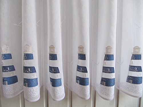 Scheibengardine Weiß Blau Leuchtturm Stick H 45 oder 60 cm / Br. ab 1 Meter, Höhe:45 - 3