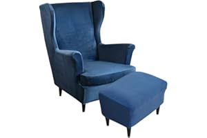 Highdi 2 Pezzi Velluto Copripoltrona con Orecchie e Copri Pouf Elasticizzato, Copridivano da 1 Posto con Fodera per Cuscino, Lavabile Rimovibile per Bar Soggiorno Camera da Letto (Blu scuro)