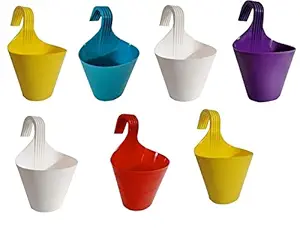 Enamic UK Hanging Planters for Plants Railing Flower Pots, Balcony Railing,(7 Inch), Set of 7 with Drainage for All House Plants, Flowers and Succulents || (Only Pot Without Flower)