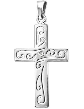 CLEVER SCHMUCK Silberner Anhänger Kreuz 27 mm verschnörkelt offenes Muster mit 1 Zirkonia mittig STERLING SILBER...