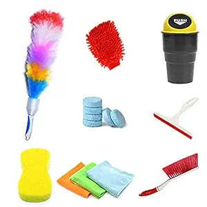 Kanya Car Cleaning Accessories Interior and Exterior Combo (Dustbin,ColourFull Duster,Brush,3Pcs Microfiber Cloths 300GSM, Magic Glass Tablet, Wiper, Foam Sponge, Gloves)-Car Washing Kit Pack