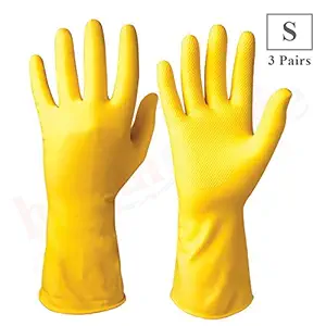 Healthgenie Flocklined Latex Cleaning Reusable Hand Glove (Small, Yellow, 3 Pairs)