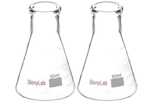 StonyLab 2 pezzi Boccette di Erlenmeyer a Bocca Stretta 50ml con Bordo Resistente Narrow Mouth Erlenmeyer Flasks - (50ml Adatte per Tappo in Gomma StonyLab 4#)