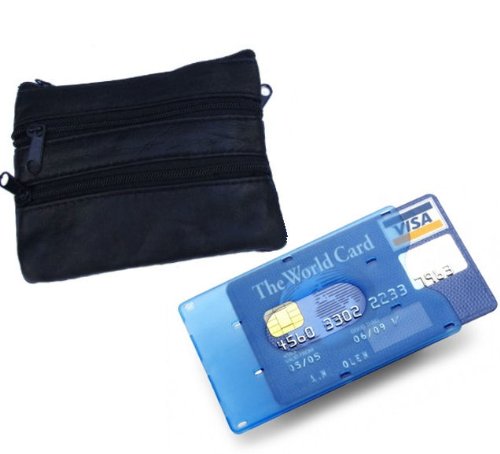 Soft Black Leather 4 Zips Key Holder, Card and Coin Purse with Single Card Case