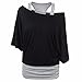 Produktbild 2-in-1 Tops Damen Rovinci Sommer Kalte Schulter T-Shirt Einfarbig Patchwork Top Fledermaus Kurzarm Oberteile Schiefe Kragen Bluse Kurzarm Tanktops Gefaltete Tunika Hemd Longshirt Jumper (2XL, Schwarz)