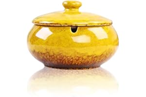 AIRMSA Cendrier avec Couvercle, Cendrier Exterieur Coupe-vent, Cendrier Ceramique Anti Odeur, pour Restaurant, Bar, Maison, Bureau (Jaune)