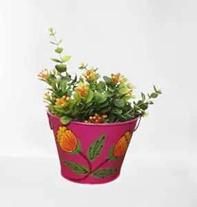 TNZ Creations, Metal Plant Pot with Hand Painted Flower, Strong and Durable and More Cost Effective. Colour Yellow (Item Package Quantity 1 Piece ) Plants just for Display not Including with The Pot.