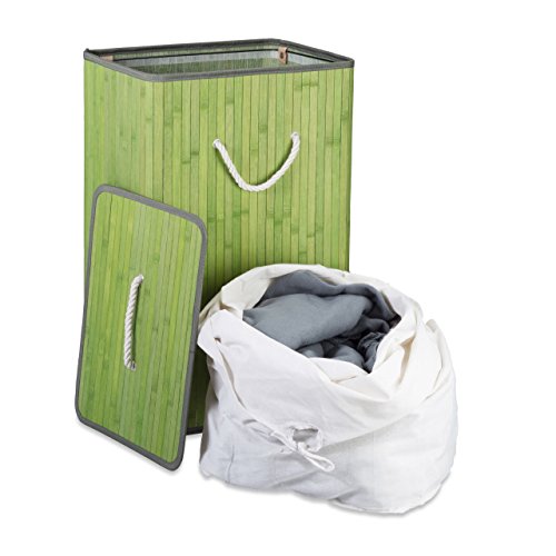 Relaxdays Wäschekorb Bambus H x B x T: ca. 65,5 x 43,5 x 33,5 cm faltbare Wäschetruhe rechteckig mit einem Fassungsvolumen von 83 L mit Wäschesack aus Baumwolle zum Herausnehmen als Wäschepuff, grün - 3