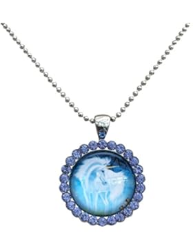 Halskette mit Cabochon-Anhänger aus Glas, Design: Einhorn, umgeben von Strass, Kugelkette, Fantasy-Motiv für Filmfans