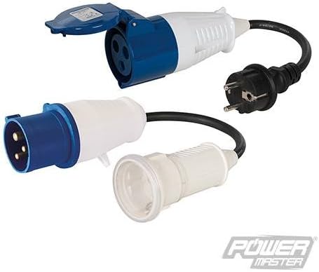 16A Schuko CEE Fly Lead Converters 2pk 240V 3-Pin Heavy duty and impact-resistant plugs for commercial, industrial, site and other applications. Includes 1 x 240V 16A Schuko CEE 7/7 mains plug to blue IEC 60309 ( 2P+E ) 3 Pin, 2-phase Inline Socket 16A - 6h (180°); and 1 x 240V 16A Schuko CEE 7/3 inline socket to blue IEC 60309 (2P+E ) 3 Pin, 2-phase plug 16A - 6h (180°). 3G 1.5mm2 H07RNF outdoor cable. IP44 rated.