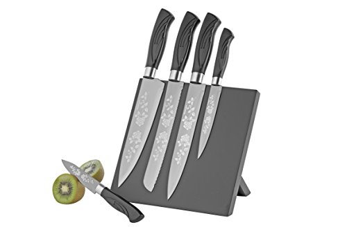 Esmeyer 291-554 5-teiliges Messerset „FLOWER“, inkl. Block, mit titanbeschichtete Klingen aus hochwertigem Edelstahl mit Lasergravur in Rosendesign. - 5