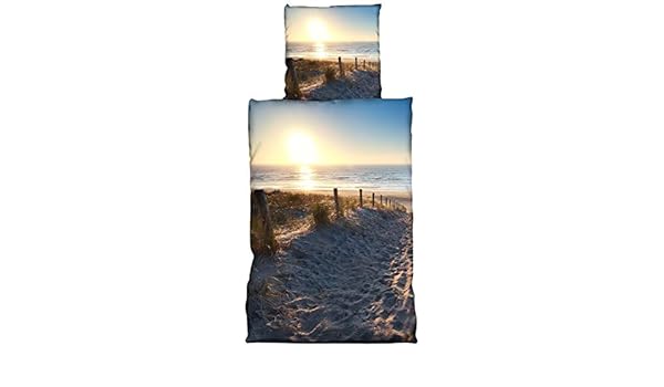 4 Teilige Bettwasche 135x200 Cm Strand Mit Sonnenuntergang Blau Sand Microfaser