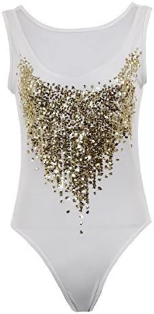 Ladies Sheer Gold Sequin Mesh Insert Low Back Leotard Womens Bodysuit Top [White,14]