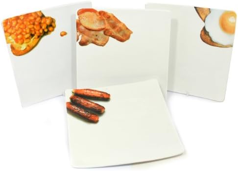 Set of 4 Breakfast Square Fine Porcelain Plates - Egg, Bacon, Sausage & Beans Designs by Black Ginger