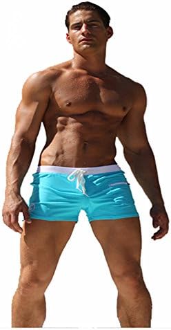 BAILIDA Men's Sexy Swimming Boxer Shorts Swimwear with Pocket & Drawstring (Medium, Blue)