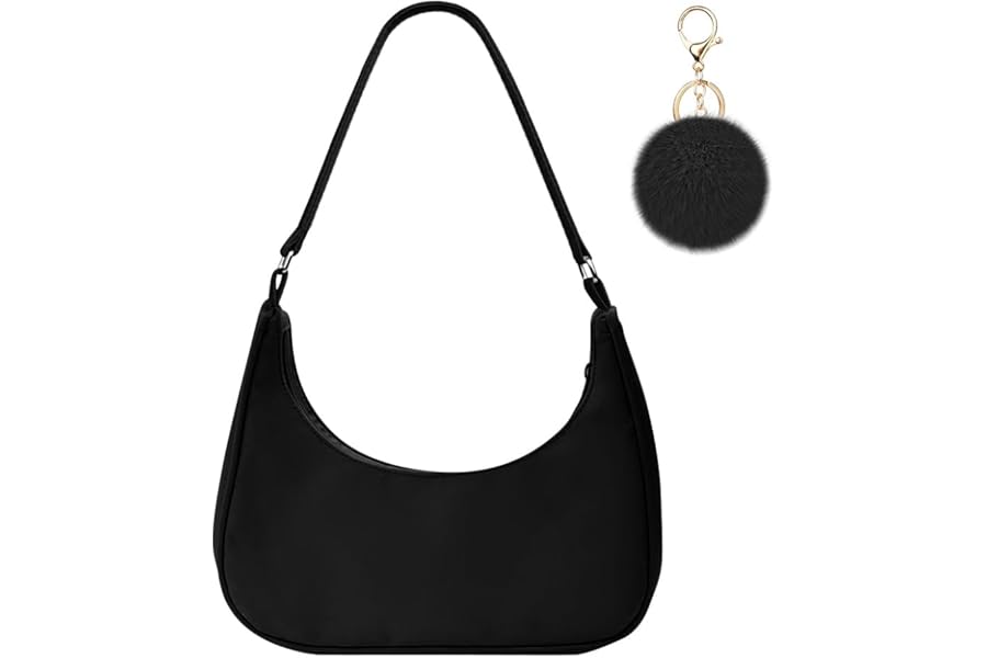 Aucuu Shoulder Bags for Women, Nylon Shoulder Y2K Bag, Lady Underarm Bag, Mini Handbags with Pom Pom Keychain and Zipper Closure - Gift for Christmas, Birthday and Anniversary