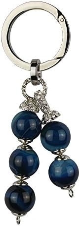 Nature Stone Bag Charm Key Ring Pendant Sparkle Spherical Silver Plated Finish With Rhinestone (Blue)