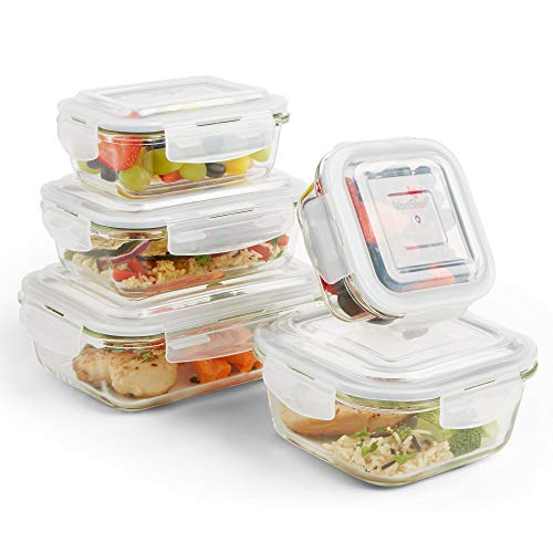 VonShef Set da 5 contenitori in vetro per alimenti Tupperware con coperchi