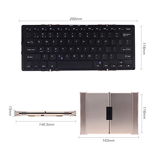 MoKo Universal Drahtlose Wireless Bluetooth 3.0 Tastatur Qwerty-Layout Keyboard mit eingebauter Lithium Batterie für Apple iPad Mini 4/iPad Pro/iPhone 6s,Tablet,PC,IOS,Android,Windows, Schwarz / Gold - 7