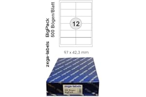 ZEGA-LABELS 6.000 Etiketten 97 x 42,3 mm selbstklebend auf DIN A4 Bögen (2x6 Etiketten) - 500 Blatt Bigpack - Universell für Laser/Inkjet/Kopierer einsetzbar - 97 x 42 mm