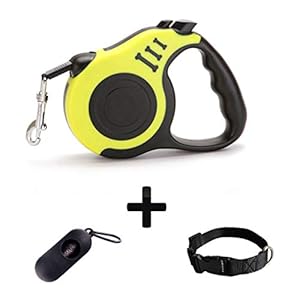 TWTG Correa de Perro retráctil automática de 5 Metros con Collar de Nylon para Perros pequeños y medianos. Bolsas de Basura para Mascotas Incluidas (Amarillo)
