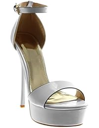 Angkorly Zapatillas Moda Sandalias Tacón Escarpín Stiletto Plataforma Correa de Tobillo Mujer Patentes Tanga Tacón de Aguja Alto 14.5 cm