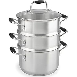 VonShef Cuiseur Vapeur en Acier Inoxydable à 3 étages - Cuit-vapeur inox pour une cuisson plus saine des viandes et des légumes - Compatible plaques à induction