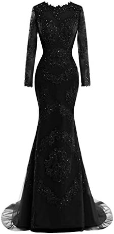 M Bridal Women's Crystals Lace Appliques Illusion Long Sleeve Mermaid Prom Dress Black Size 16