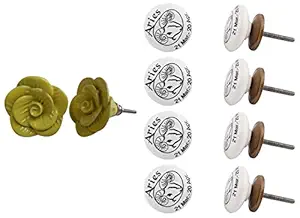 IndianShelf Ceramic Rose Knobs Flower Shape Pulls les (Yellow, 2 Inches) Pack of 2+IndianShelf Ceramic Aries Flat Kid Dresser Cabinet Pulls Wardrobe Knobs les (3.81 cm, White, 8 Piece)