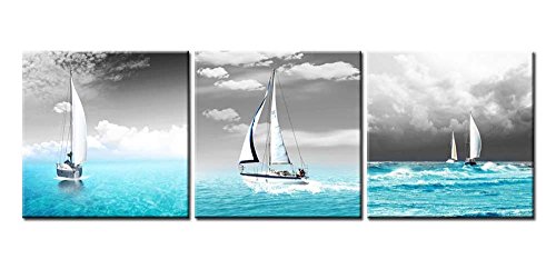Stampa su tela per pareti, motivo: oceano tropicale blu e barche a vela su un cielo nero, moderna stampa giclée, 3 pezzi