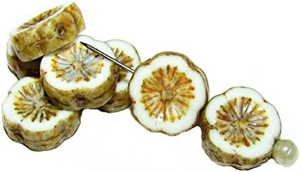 6 Pieces 12mm Hawaiian Flower Beads - Czech Carved Glass Beads Table Cut, White Chalk Picasso
