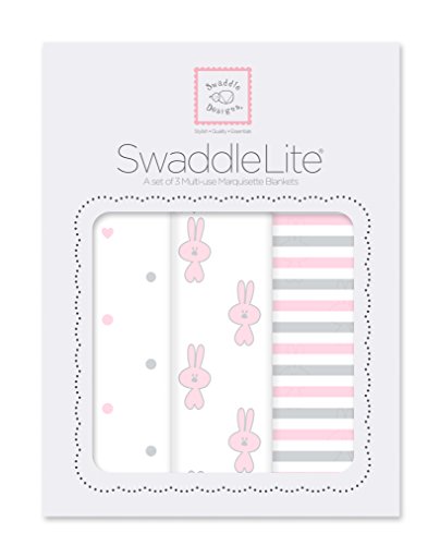 SwaddleDesigns Marquisette Swaddle Blankets, Premium Cotton Muslin, SwaddleLite Set of 3, Little Bunnie, Pastel Pink