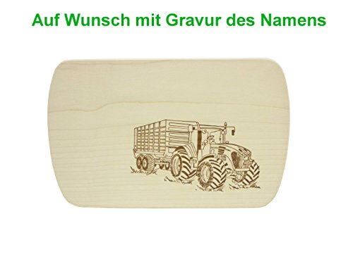 Frühstücksbrett Schneidebrett mit Gravur 24x15cm Trecker mit Anhänger Traktor Ahorn Holz