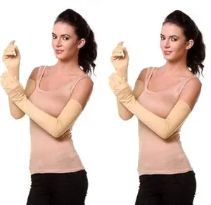 NVL Unisex Cotton Arm Sleeves for Summer and Sun Protection Full Hand Long Gloves for Bike Riding Men and Women Washable and Reusable Beige Color 2 Pair