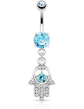 Paula & Fritz® Bauchnabelpiercing aus Edelstahl Chirurgenstahl 316L Anhänger Hamsa Hand mit Zirkonia farblos pink...