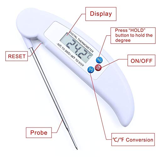 AVAX DT-X - Digital LCD Alimentaire Thermomètre sonde de cuisine Pliant pour l'eau, vin, aliments, de la viande, BBQ, Yerba Mate, Lait - Plage de température -50C à 300C / -58F à 572F - Blanc