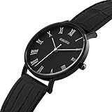 AIKURIO Damen Armbanduhr Analog Quarz Wasserdicht mit Lederband Ultra-dünnen Fall AKR009 (Schwarzes Fallsilberwort)