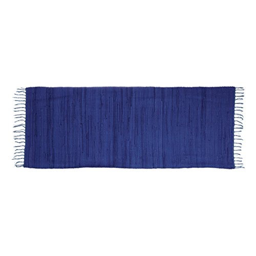 Relaxdays Flickenteppich blau 80 x 200 cm mit Fransen 100 % Baumwolle, einfarbig, Fleckerlteppich, dunkelblau