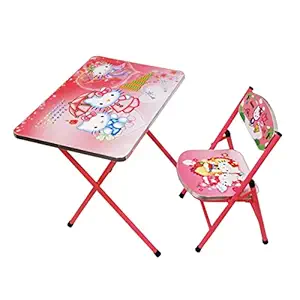 Meubelen Kids Study Table and Chair Set Adjustable Foldable Wooden Table (Kitty Cat Pattern)