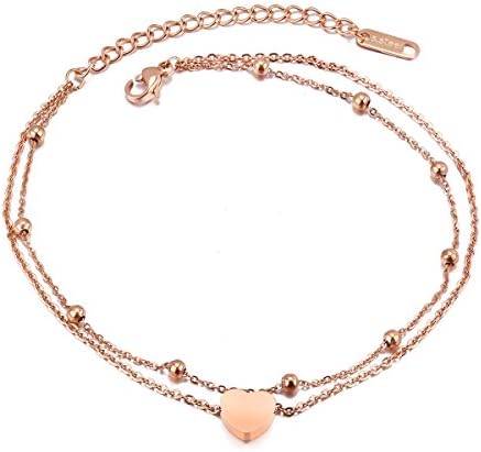 Titanium Steel Rose Gold Plated Cubic Zirconia Elephant Anklet Braclet Foot Chain Bracelets for Women Girls with Free gift box(210mm+50mm) (love heart)