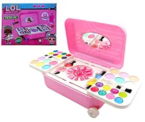 INDIAN LIFESTYLE 2 in 1 Cosmetic Makeup Palette And Nail Art Kit For Kids With Portable Trolly Bag Pretend Play Toy For Girls (PINK)