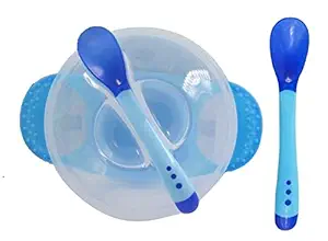Manan Shopee Baby Travel Time Feeding Food Storage Container Unbreakable Portable Dispenser Bowl with (2 Spoons)1 Silicone & 1 Heat Sensor SpoonSpoon Baby Food Serve Bowl Super Combo All in One Pack-Blue