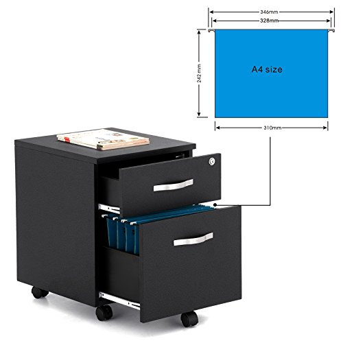 Songmics Abschließbar Rollcontainer Büroschrank mit 2 Schubladen 5 Kunststoffrollen unten schreibtisch Büromöbel schwarz 43,5 x 40 x 52,5 cm LCD25B - 7