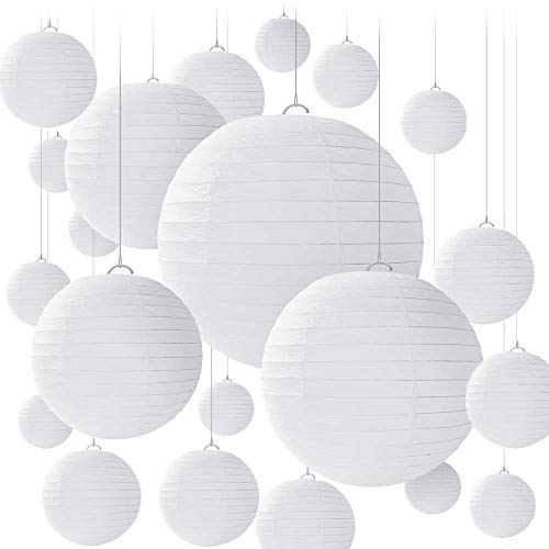 BENECREAT 28PCS 4 Tailles de lanternes en Papier Blanc, lampion Papier Boule Abat-Jour en Papier Rond pour Anniversaire, Mariage, fête, Baby Shower, décorations