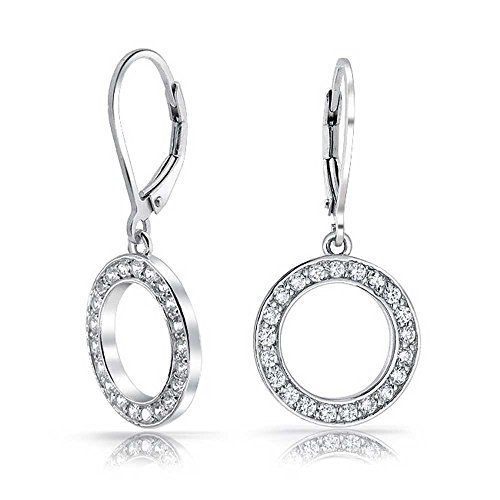 Elegant Geometric CZ Round Open Circle Dangle Drop Stud Earrings in Rose, Yellow Gold or Silver Plated in Brass or .925 Sterling Silver Baguette Cubic Zirconia for Bridals Women Secure Lever Back